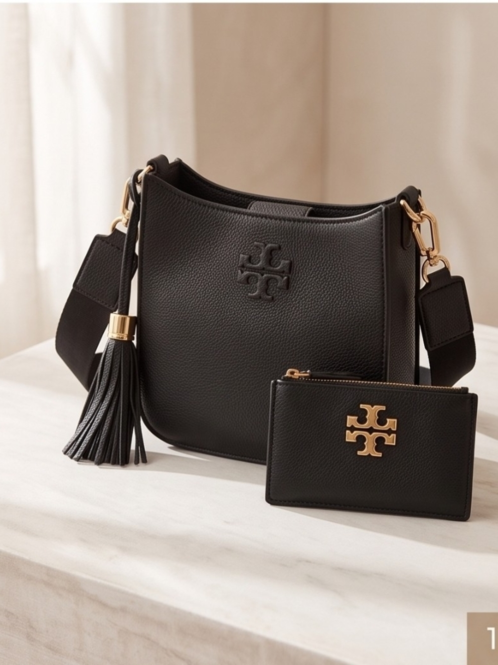 Tory Burch Black Crossbody with Tassel & Zip Card Pouch